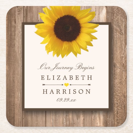 Land Rustikale Sonnenblumen & Braun-Holz Hochzeit Rechteckiger Pappuntersetzer (Vorderseite)