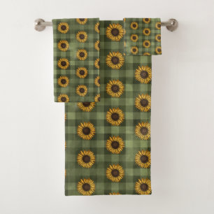 Land Rustikale Sonnenblumen Grün Kariert Gingham Badhandtuch Set