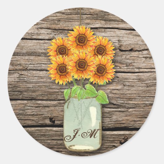 Land Rustikale Sonnenblumen Mason Jar Brautparty Runder Aufkleber (Vorderseite)