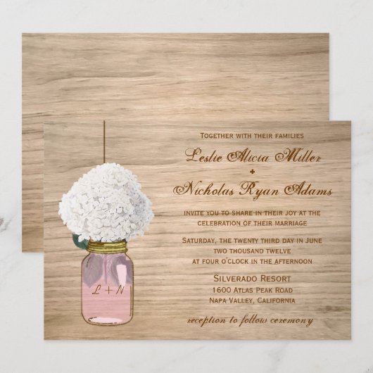 Land-rustikale Weckglashydrangea-Hochzeit Einladung (Vorne/Hinten)