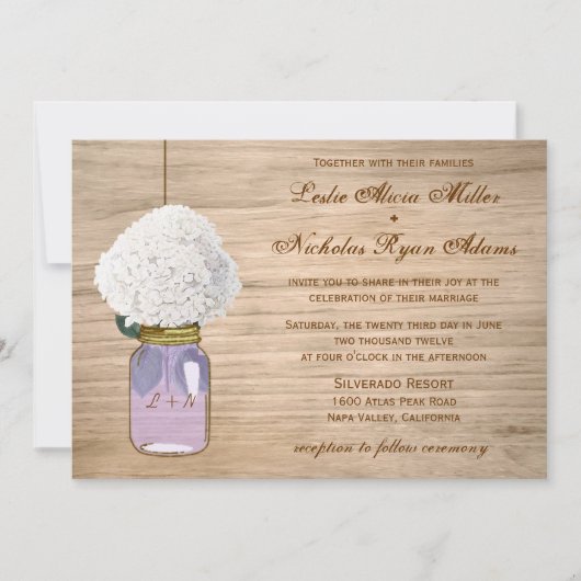 Land-rustikale Weckglashydrangea-Hochzeit Einladung (Vorderseite)