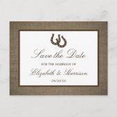 Land Rustikales Hufeisen auf Burlap Save the Date Ankündigungspostkarte (Vorderseite)