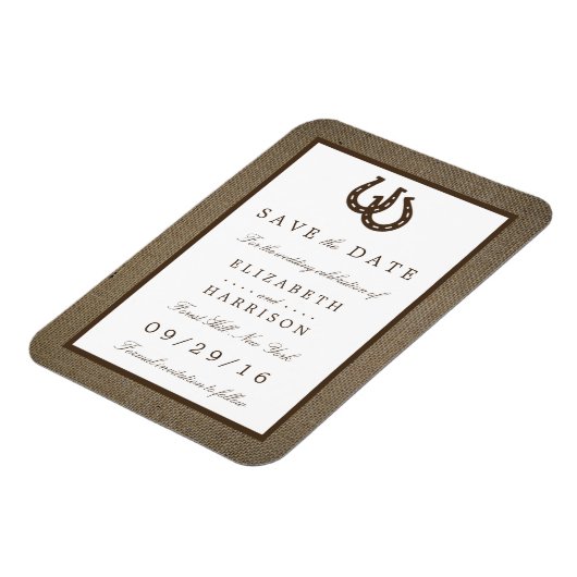Land Rustikales Hufeisen auf Burlap Save the Date Magnet (Linke Seite)