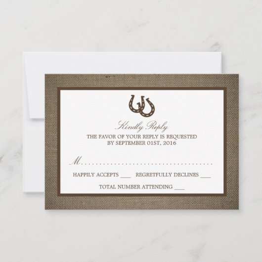 Land Rustikales Hufeisen auf Burlap Wedding RSVP Karte (Vorderseite)