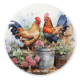 Land Rustikales Rooster Hen Red Geraniums Tin Pail Keramikknauf