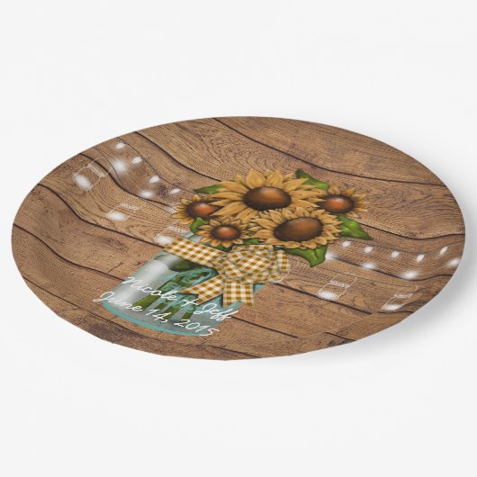 Land-rustikales Weckglas mit Sonnenblume Pappteller (Schrägansicht)