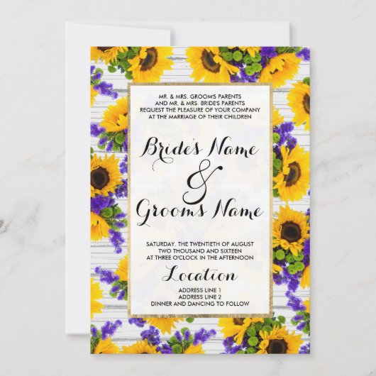 Land Rustikales Weißholz Lila Gelbe Sonnenblume Einladung (Vorderseite)