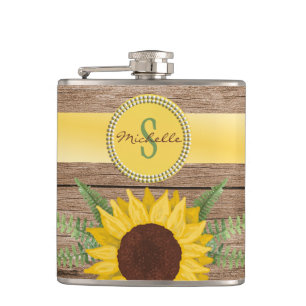 Land-Sonneblume Vintage Holz Monogramm Flachmann