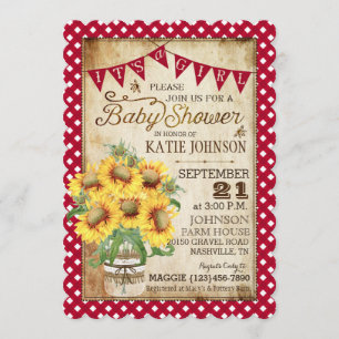 Land-Sonnenblumen und Gingham-Karo-Baby-Dusche Einladung