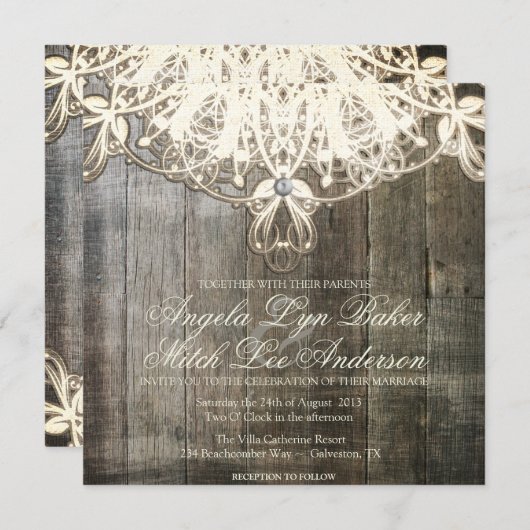 Land-Spitze und hölzerne rustikale Einladung (Vorne/Hinten)