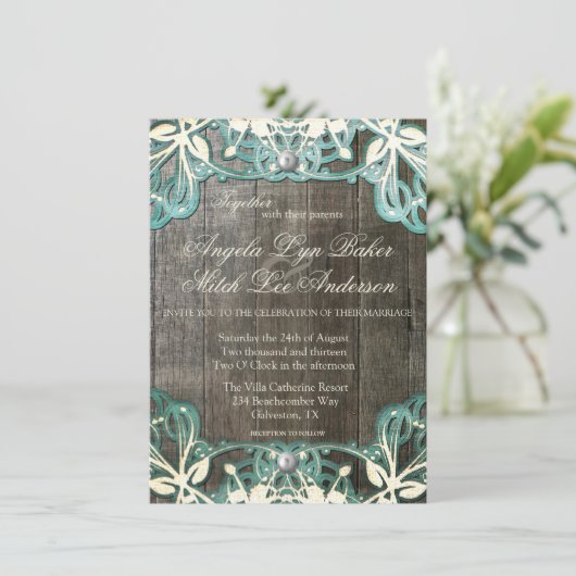 Land-Spitze und hölzerne rustikale Einladung (Stehend Vorderseite)