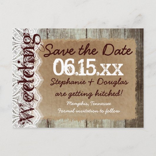 Land Stallholz rustikale Save the Date Postkarten (Vorderseite)