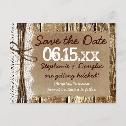 Land Stallholz rustikale Save the Date Postkarten (Vorderseite)