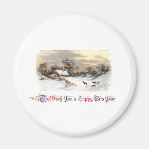 Land-Szene mit Rotwild-Vintagem neuem Jahr Magnet