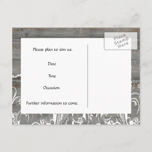 Land verblasst Holz Save the Date Ankündigungspostkarte (Rückseite)