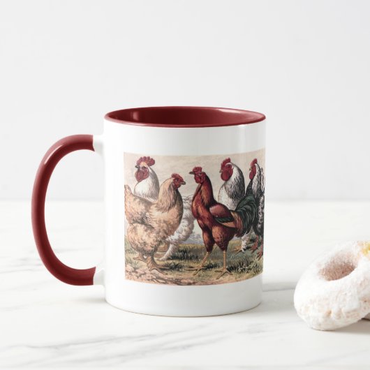 Land-Vintage Hahn-Huhn-Bauernhof-Tasse Tasse (Mit Donut)