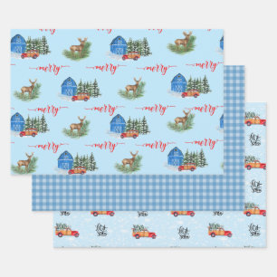 Land Vintager Lkw, Stall, Hirsch und Buffalo Karie Geschenkpapier Set