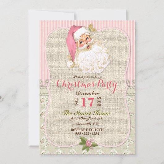 Land Vintager Weihnachtsmann Pink Burlap Lace Einladung (Vorderseite)