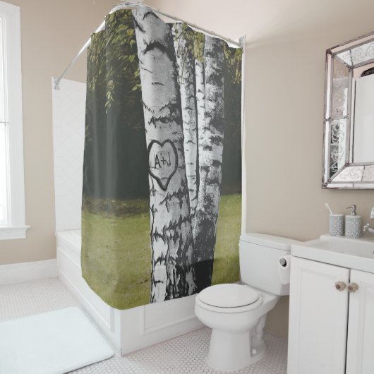 Land-Waldrustikaler geschnitzter Duschvorhang (Beispiel)