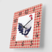 Land-Wand-Uhr mit roten Karos und Hahn Quadratische Wanduhr (Winkel)