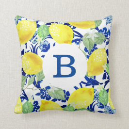 Land-Zitronen u. blaues Blumen| Monogramm Kissen