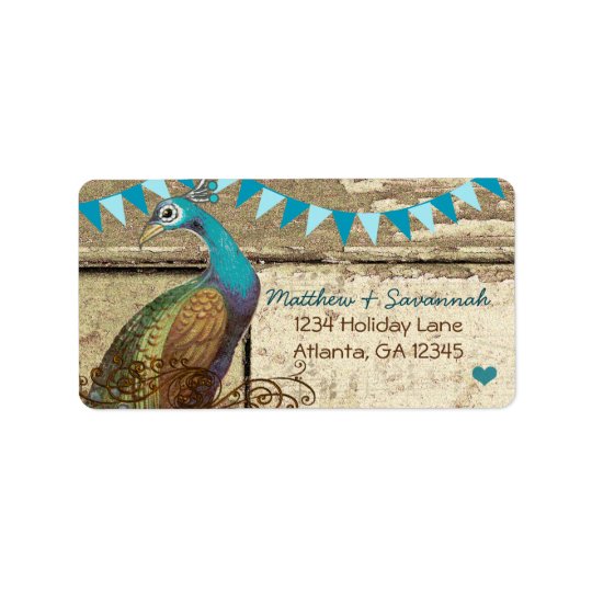 Landchic-Aqua, das Vintagen Pfau mit dem Kopfe Adressaufkleber