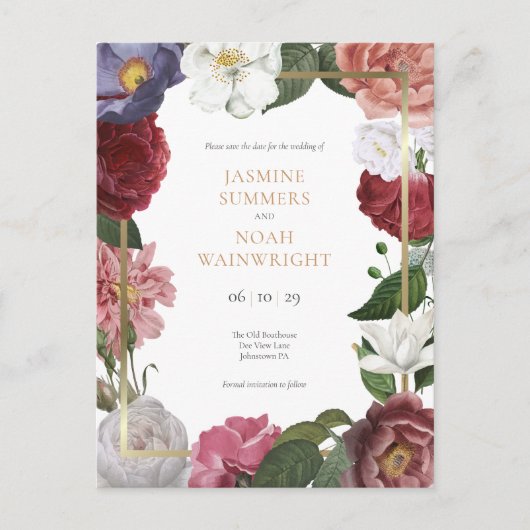 Länder Rose Imitate Gold Foil Save the Date Postkarte (Vorderseite)