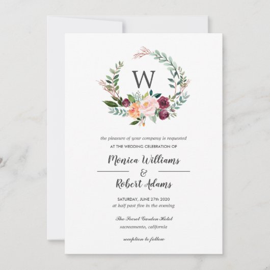 Länderblock | Chic Monogram Wreath Wedding Einladung (Vorderseite)