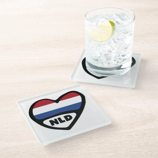 Ländercode Flaggenherz der Niederlande, NLD Glasuntersetzer (Schrägansicht)