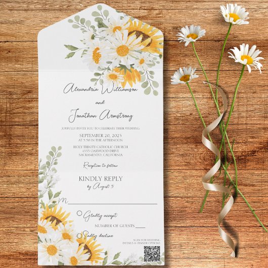 Ländereien und Sonnenblumen auf weißem QR-Code All In One Einladung