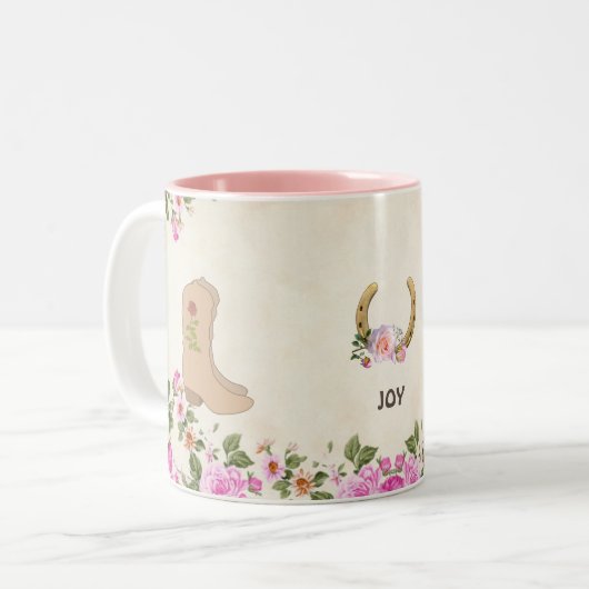 Länderstiefel & Hufeisen mit Blume auf Beige Zweifarbige Tasse (Vorderseite Links)