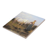 Landfrauen, die ein Pferd zum Wasser nehmen Fliese (Seite)