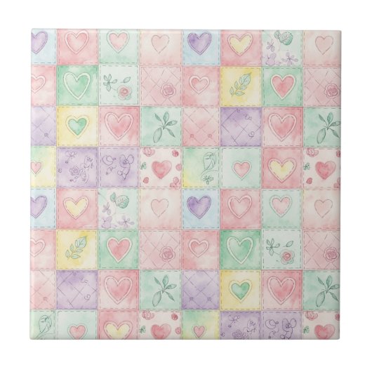 Landhaus-Blumen-Patchwork-Gingham-Pastell Fliese (Vorderseite)
