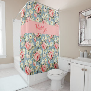 Landhaus Blumen Pink Monogramm Name Duschvorhang