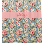 Landhaus Blumen Pink Monogramm Name Duschvorhang (Vorderseite)