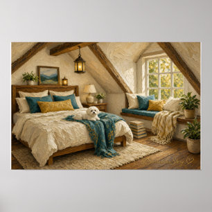 Landhaus-Dachboden-Schlafzimmer-Bichon-Wandkunst-D Poster