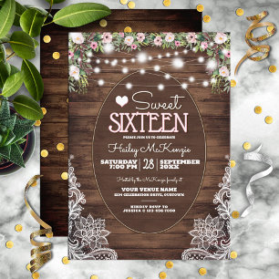 Landhaus Holz Blumen & Spitze Sweet 16 Party Einladung