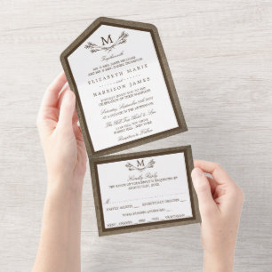 Landhaus-Monogramm-Zweig & Jute-Hochzeit All In One Einladung