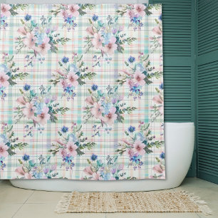Landhaus Pastell Blumen Karo Duschvorhang