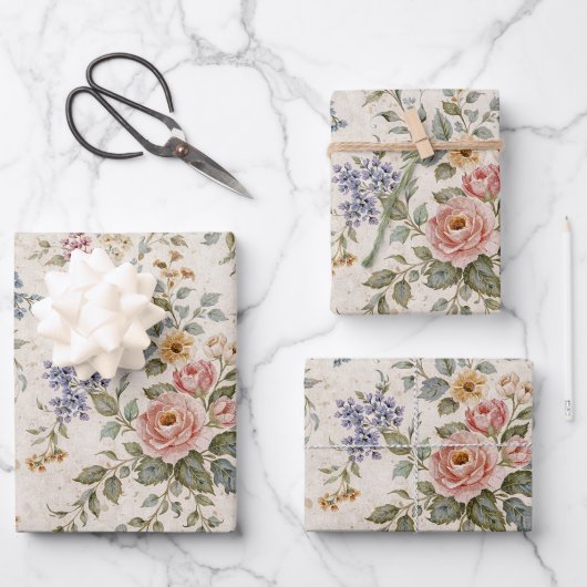 Landhaus-Rosa-Blau-Blumenmuster Geschenkpapier Set (Vorderseite)