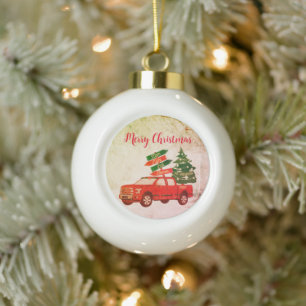 Landhaus-Roter-LKW-Familienname-Vintage-Weihnachte Keramik Kugel-Ornament
