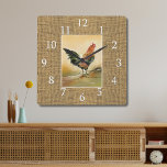 Landhaus Rustic Burlap Jute Rooster Quadratische Wanduhr<br><div class="desc">Farmhouse kitchen rooster clock with a rustic burlap textur background.</div>