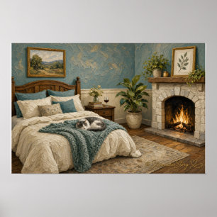Landhaus-Schlafzimmer-Katze-Wandkunst-Druck Poster