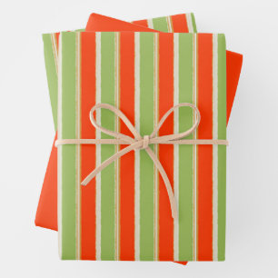 Landhaus-Streifen-Cottage-Muster Grün und Orange Geschenkpapier Set