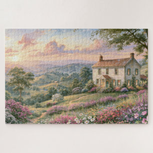Landhaus-Wildblumen-Berg-Sonnenuntergangs-Gemälde Puzzle