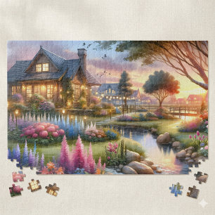 Landhausgarten Bach bei Sonnenuntergang Puzzle