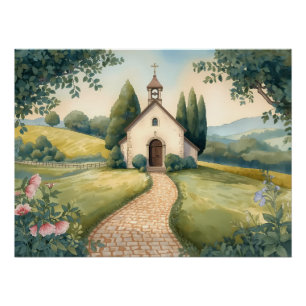 Landhausidyll-Kapellenweg-Pastell-Landschaft Poster