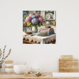 Landhausküche mit Hortensienblumen Poster