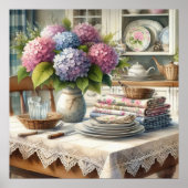 Landhausküche mit Hortensienblumen Poster (Vorne)