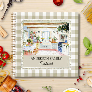 Landhausküchen-Rezeptbuch Olivgrün Gingham Familie Notizblock
